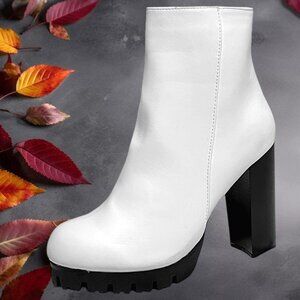 Wild Diva Women's Chunky High Heel Back Zip Lug Sole Mid-Calf Platform Boots